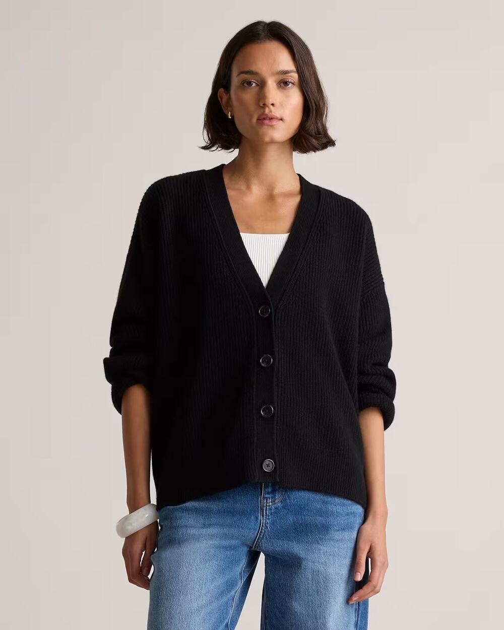 Quince 100% Mongolian Cashmere Fisherman Boxy Cropped Cardigan Black L